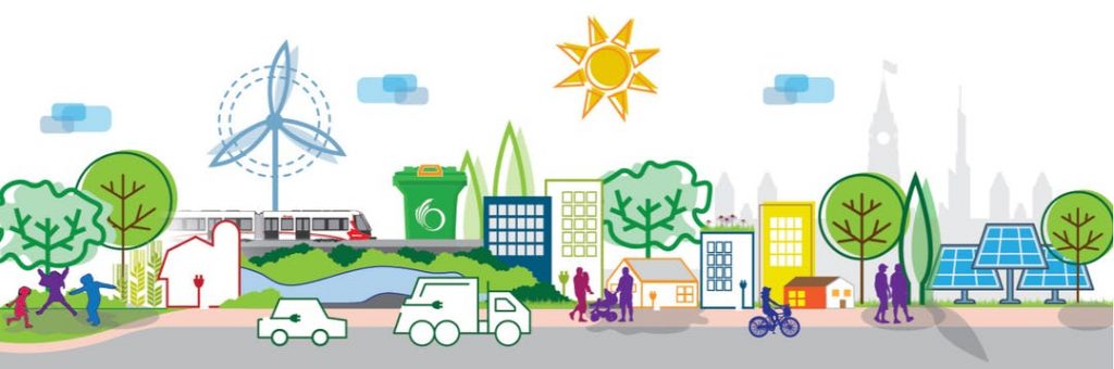 Stylized image of a city with the sun shining